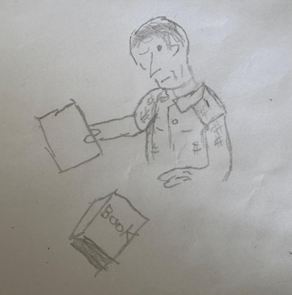 Drawing of a man with paper and book