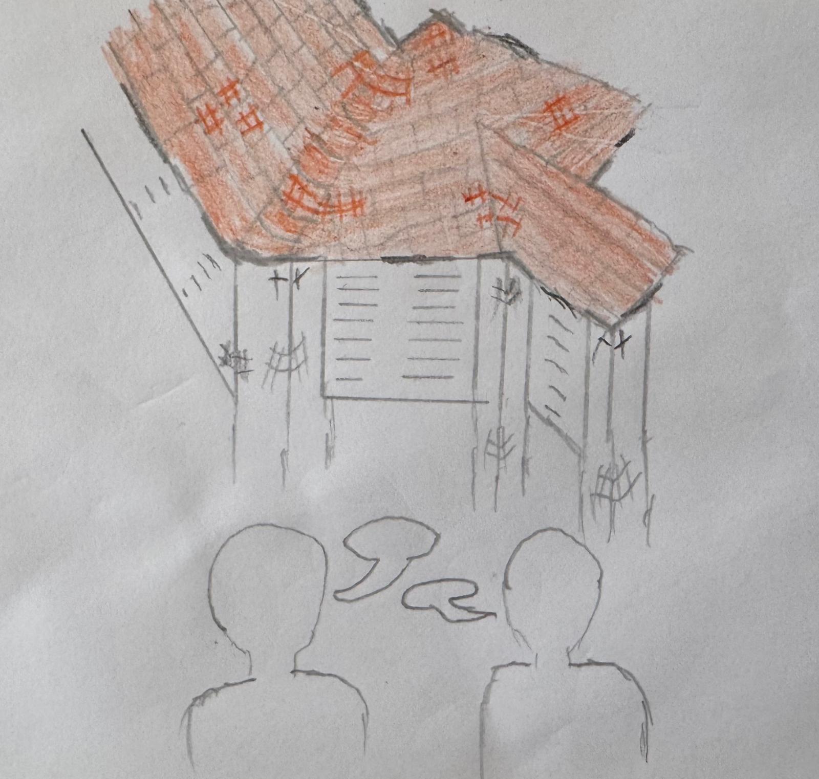Drawing of a house and discussion among individuals