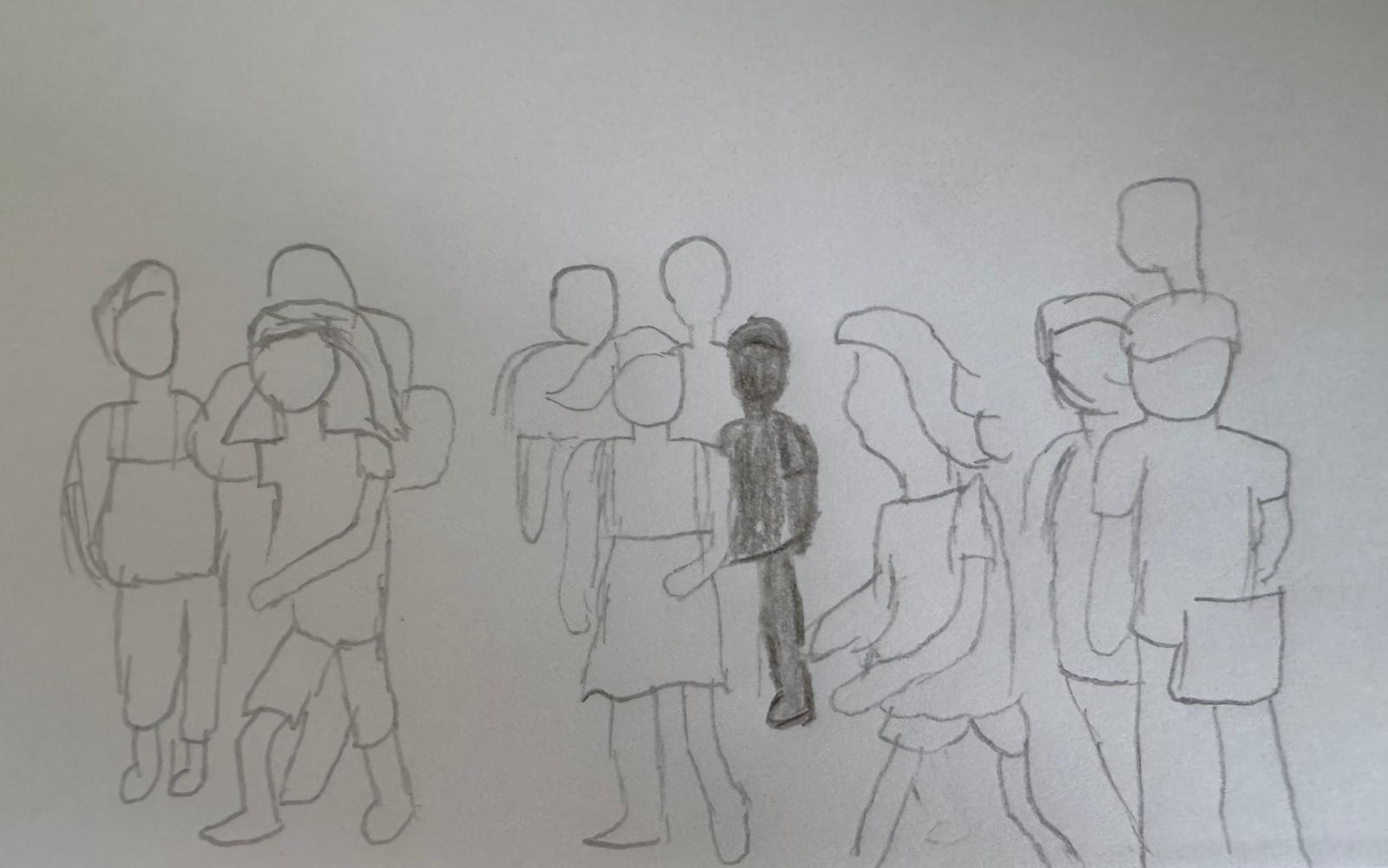 Drawing of one person among a crowd.