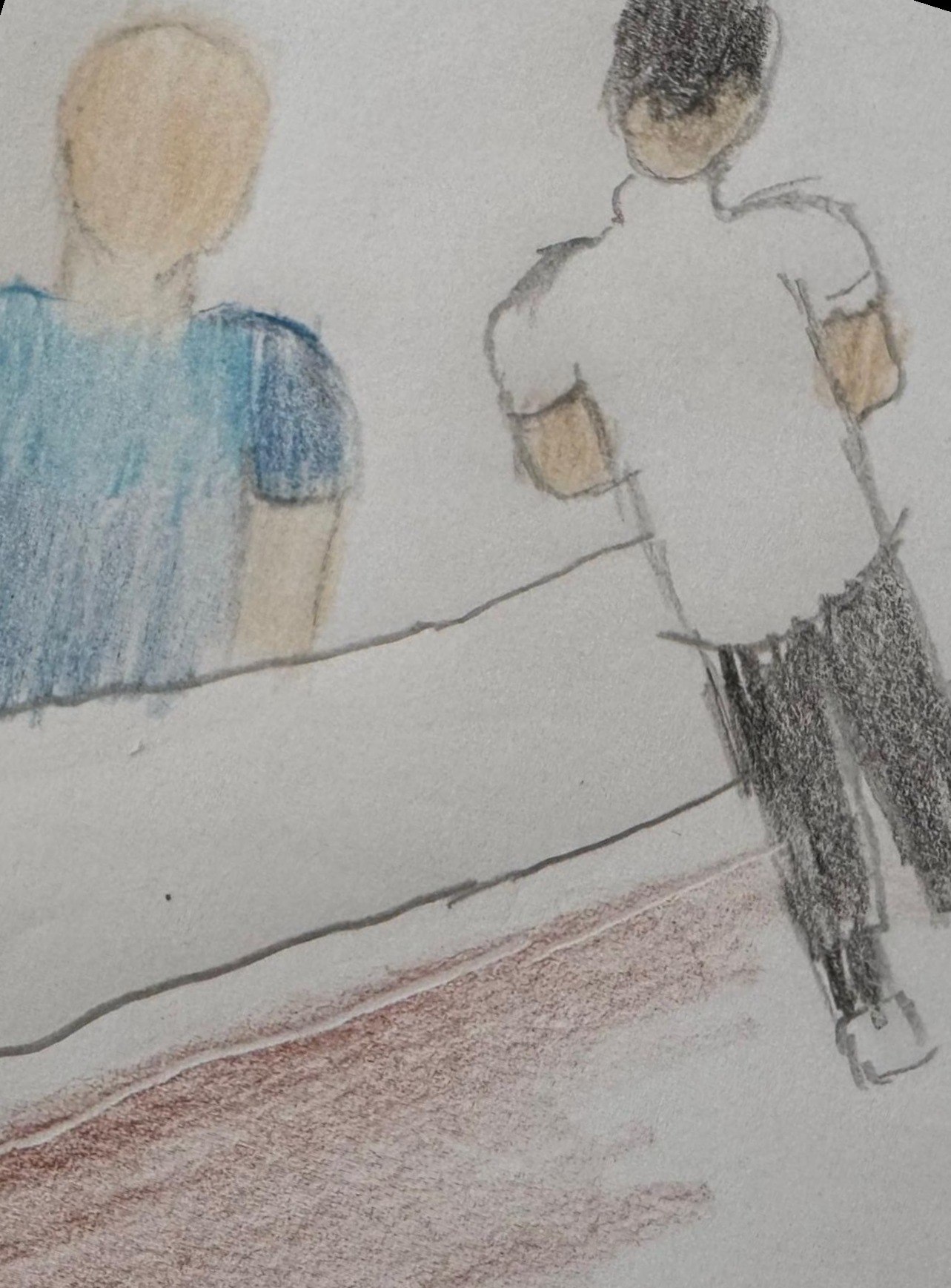 Drawing of two person. One in front of a counter. Another one behind a counter