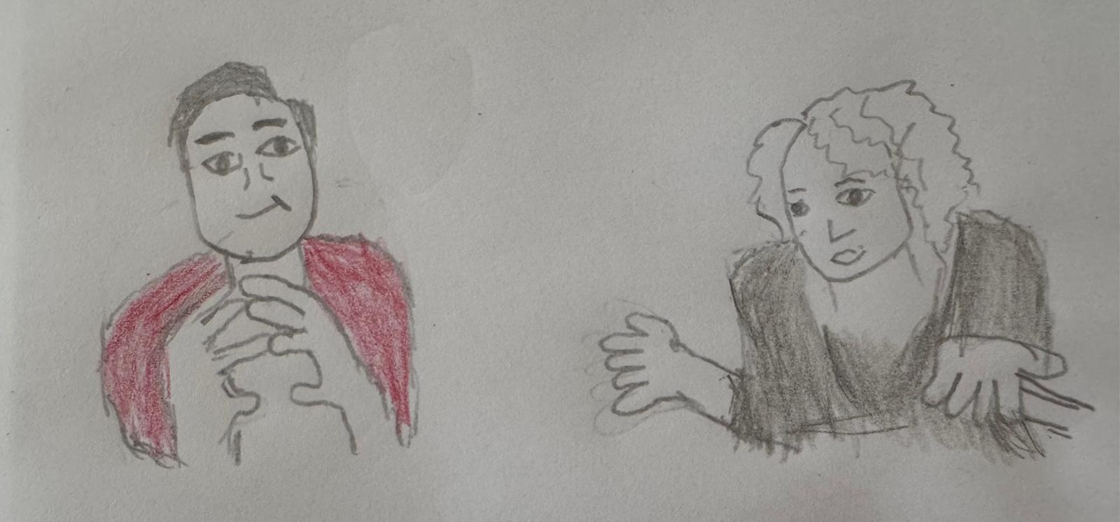 Drawing of calculative person and a woman